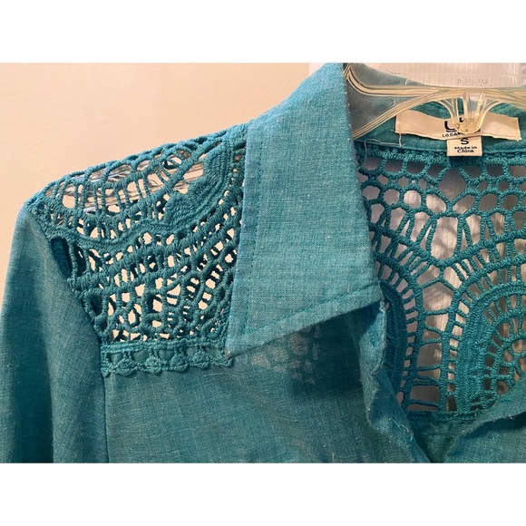 Women's 3/4 Sleeve Button Down Shirt with Lace Knit Shoulders, Size S - Picture 3 of 8